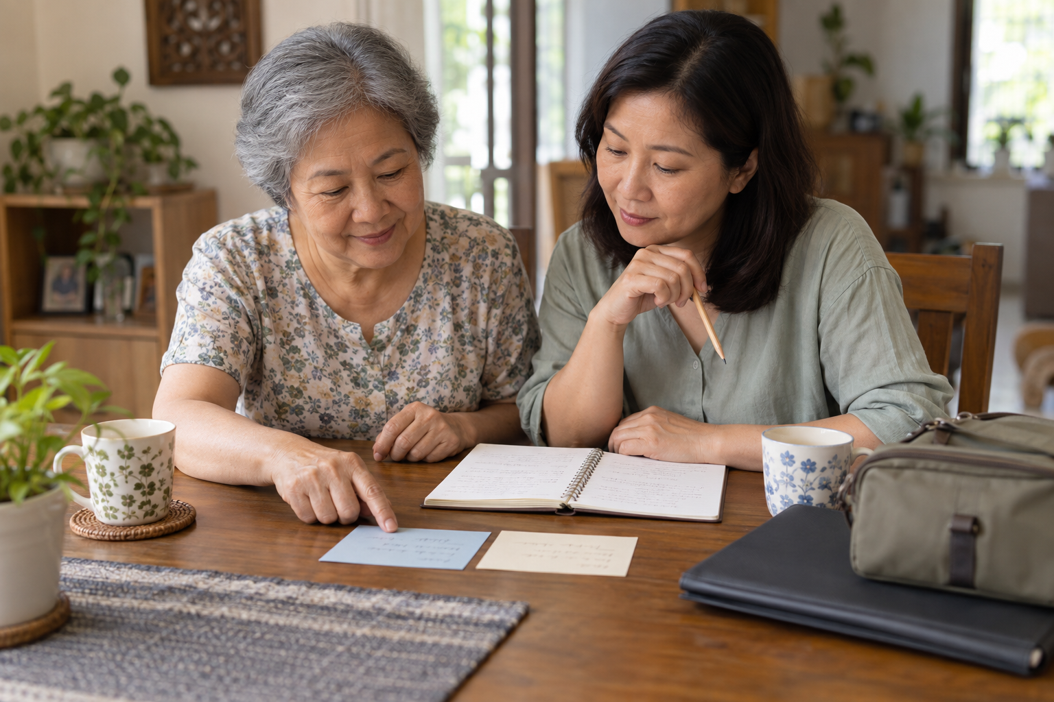 AI illustration of two women comparing destination notes beside an open notebook and travel bag
